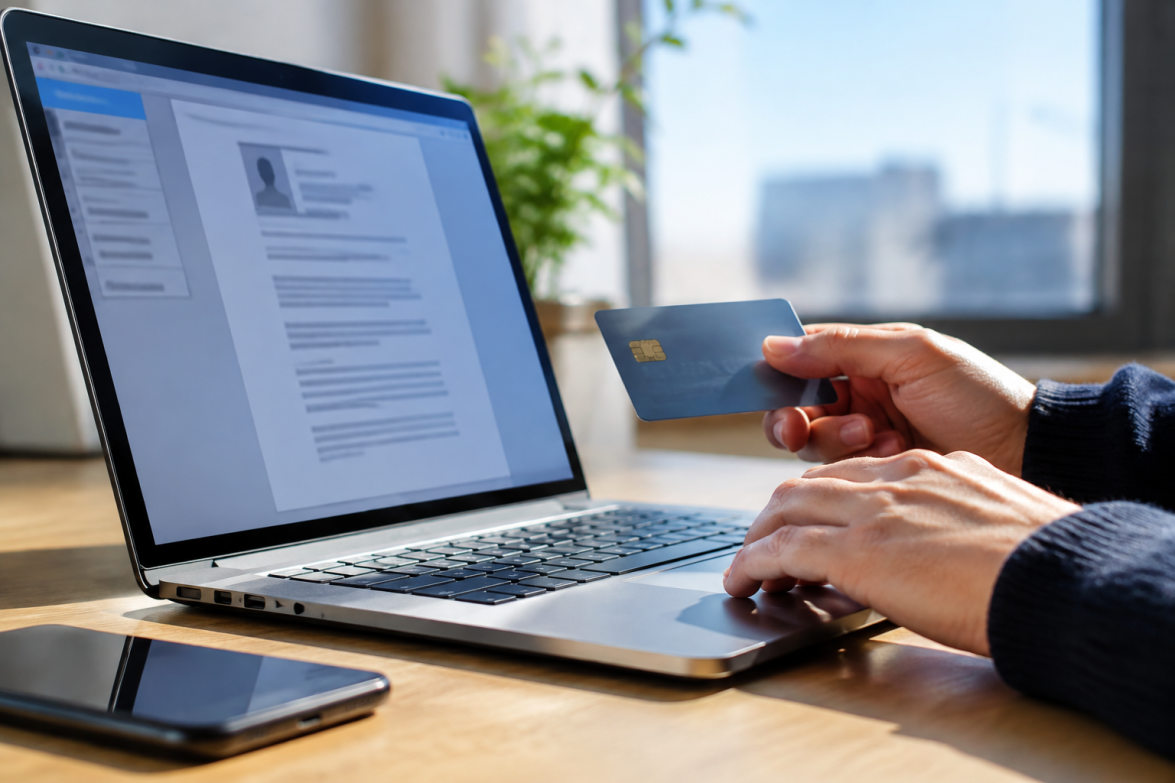 Internaute méfiant devant un casier judiciaire site payant affiché sur son ordinateur portable